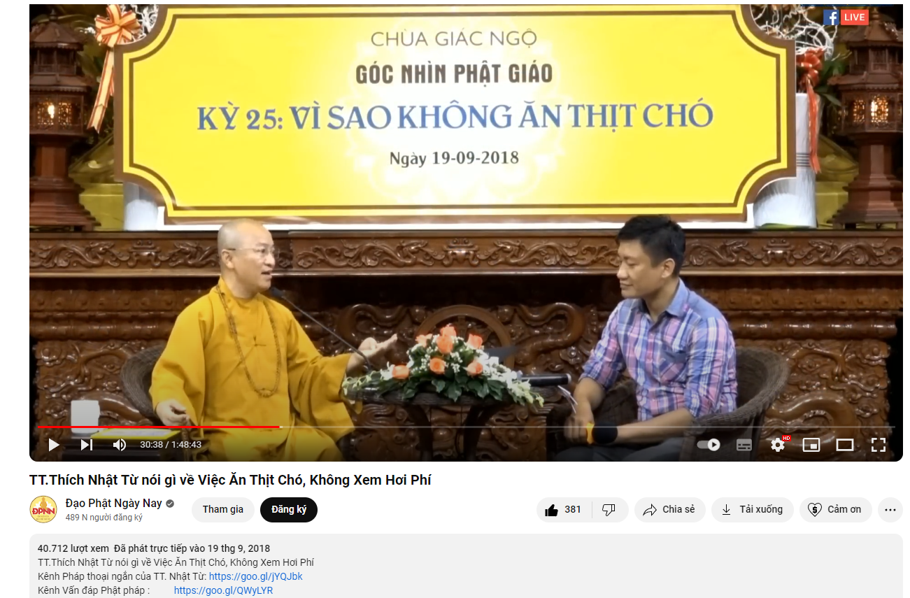 Ảnh chụp màn hình: Thầy Nhật Từ chia sẻ trong Talkshow Góc Nhìn Phật Giáo  vào ngày 19/9/2018